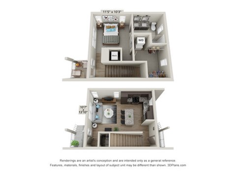 A 3D floor plan of a small apartment with a kitchen, living room, and bathroom.